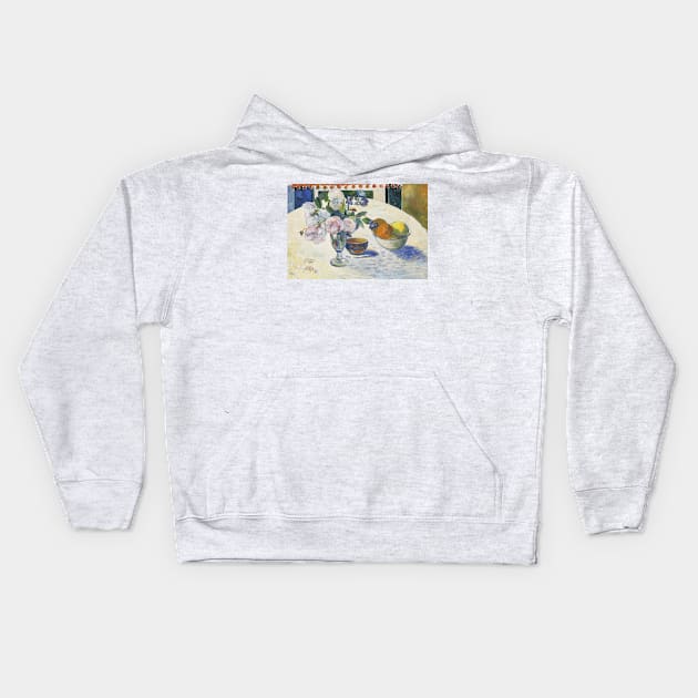 Flowers and a Bowl of Fruit on a Table by Paul Gauguin Kids Hoodie by Classic Art Stall